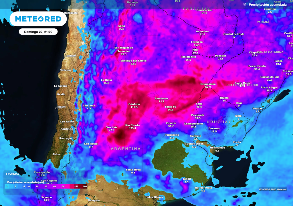 Acumulados de lluvia previstos hasta el próximo domingo según nuestro modelo de referencia ECMWF