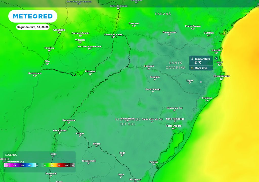 Previsão de temperaturas mínimas na região Sul nesta segunda-feira. Previsão de temperaturas mínimas na região Sul nesta segunda-feira.