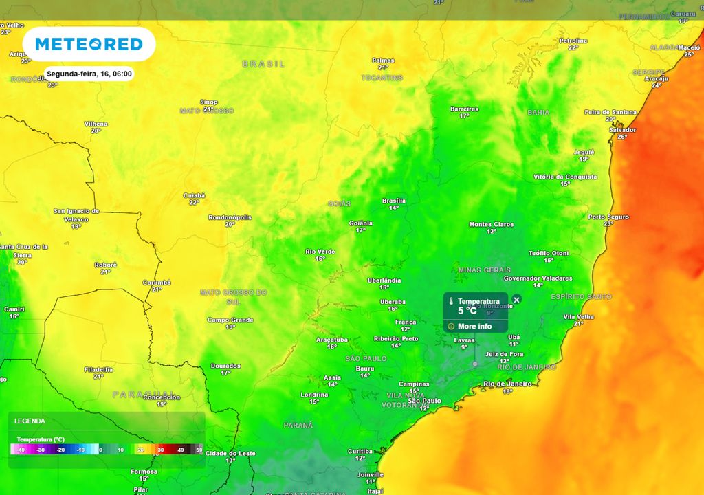 Previsão de temperaturas mínimas na região Sudeste e Centro-Oeste nesta segunda-feira. Previsão de temperaturas mínimas na região Sudeste e Centro-Oeste nesta segunda-feira.