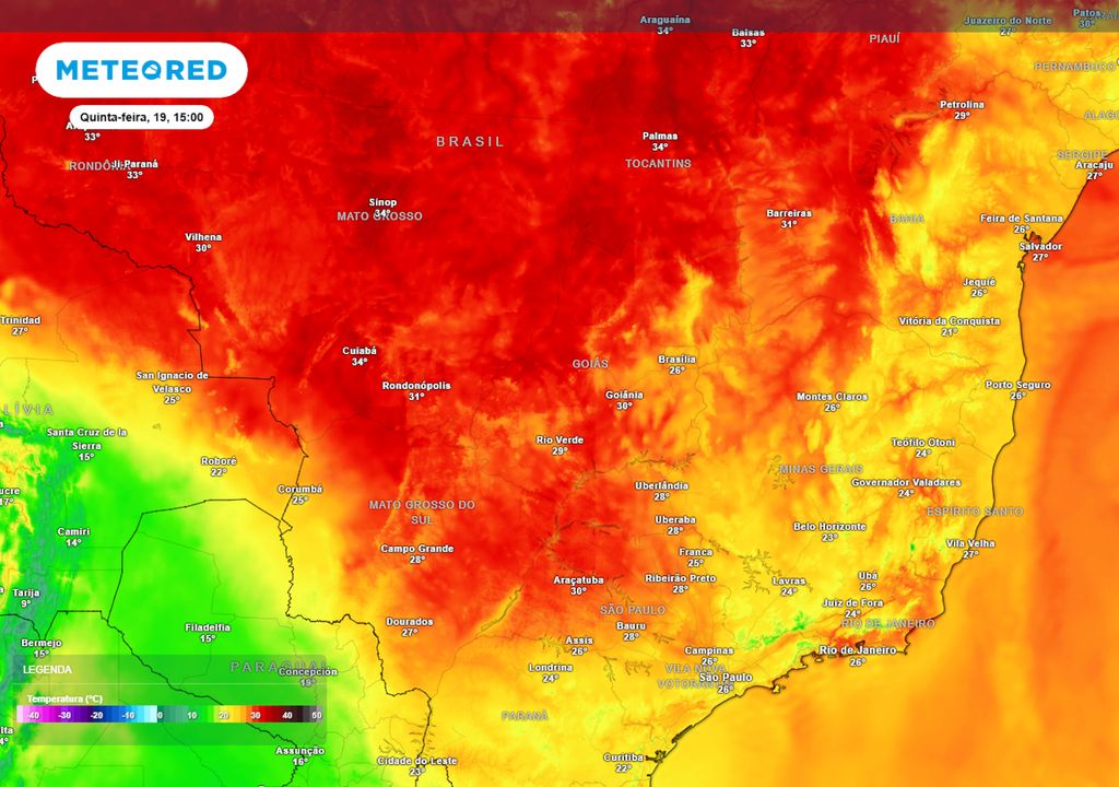 Previsão de temperaturas máximas na quinta-feira. Previsão de temperaturas máximas na quinta-feira.