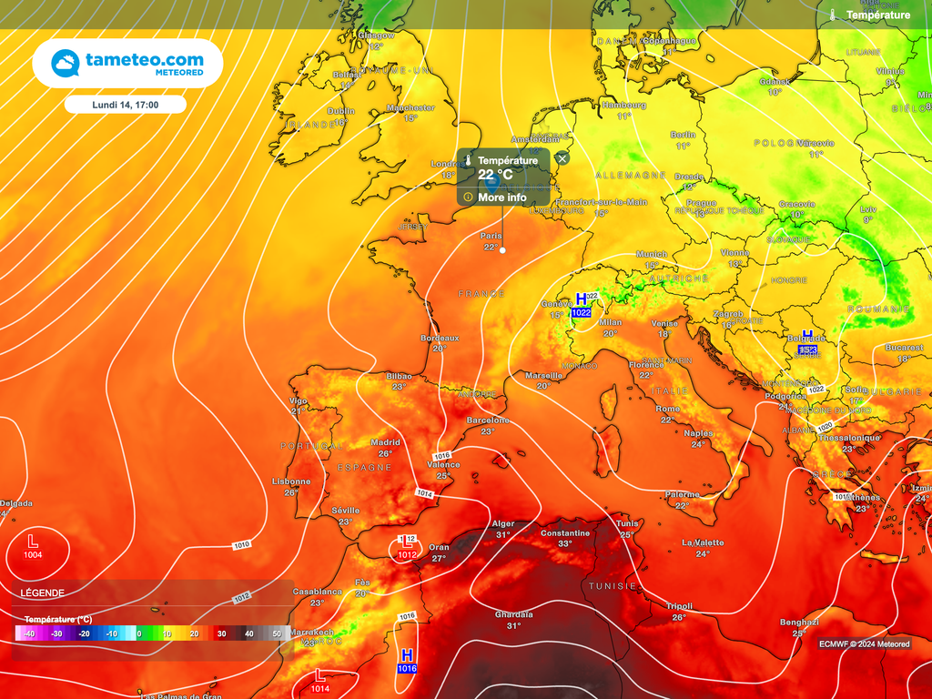 Grande douceur pour le début de semaine prochaine sur la France. Généralement, les 20°C seront atteints voire approchés. Localement on pourrait atteindre les 25°C, par exemple sur le Pays-Basque. Grande douceur pour le début de semaine prochaine sur la France. Généralement, les 20°C seront atteints voire approchés. Localement on pourrait atteindre les 25°C, par exemple sur le Pays-Basque.