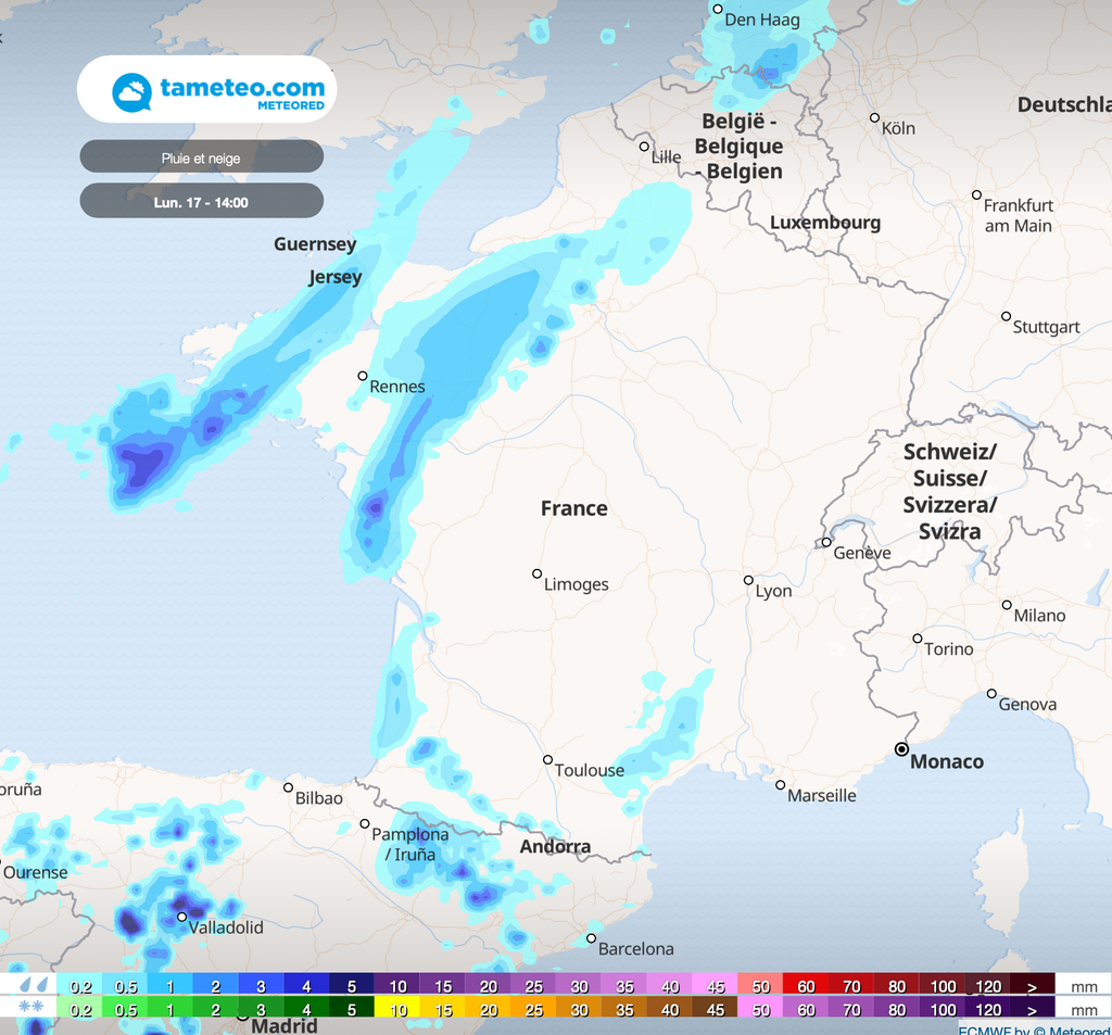 De l'instabilité sera présente sous forme de pluies et averses parfois orageuses dans le Nord-Ouest de la France .