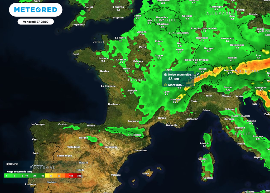 Les chutes de neige seront parfois importantes, notamment entre le Jura et les Alpes du nord.