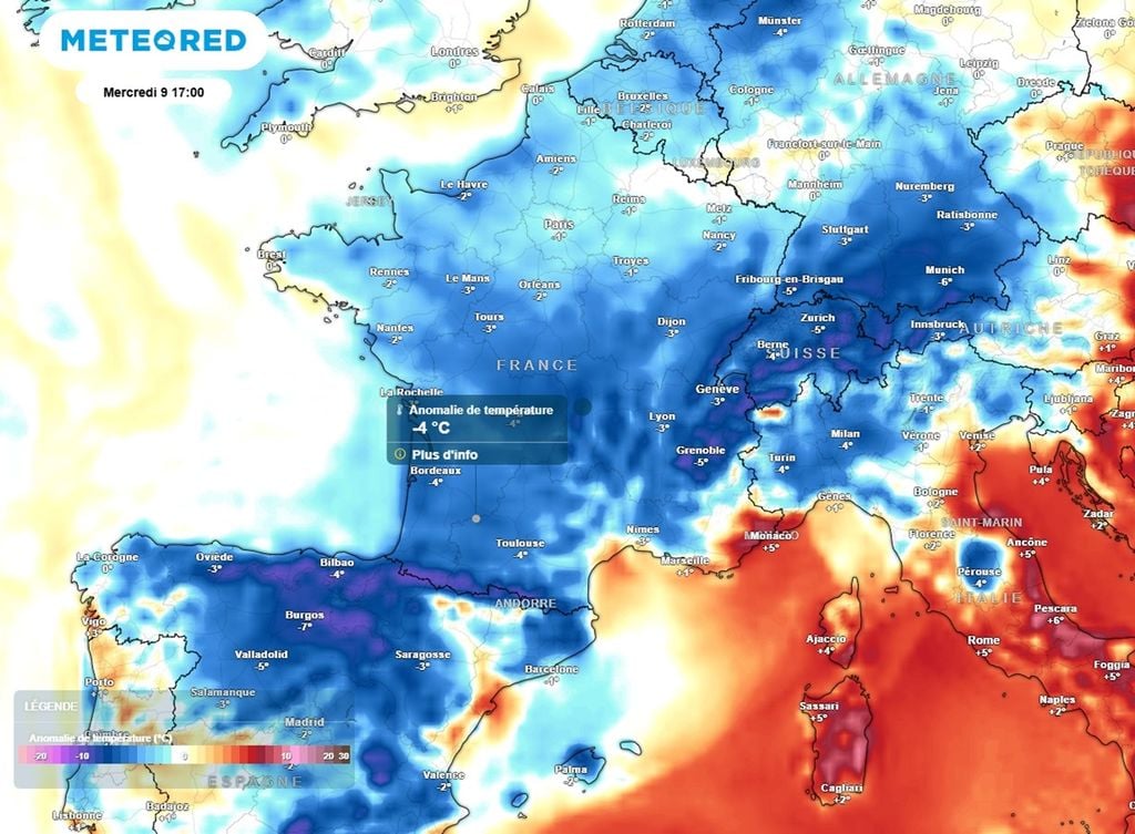 Les valeurs sont temporairement inférieures de 2 à 4°C aux normales de saison en ce milieu de semaine. Les valeurs sont temporairement inférieures de 2 à 4°C aux normales de saison en ce milieu de semaine.