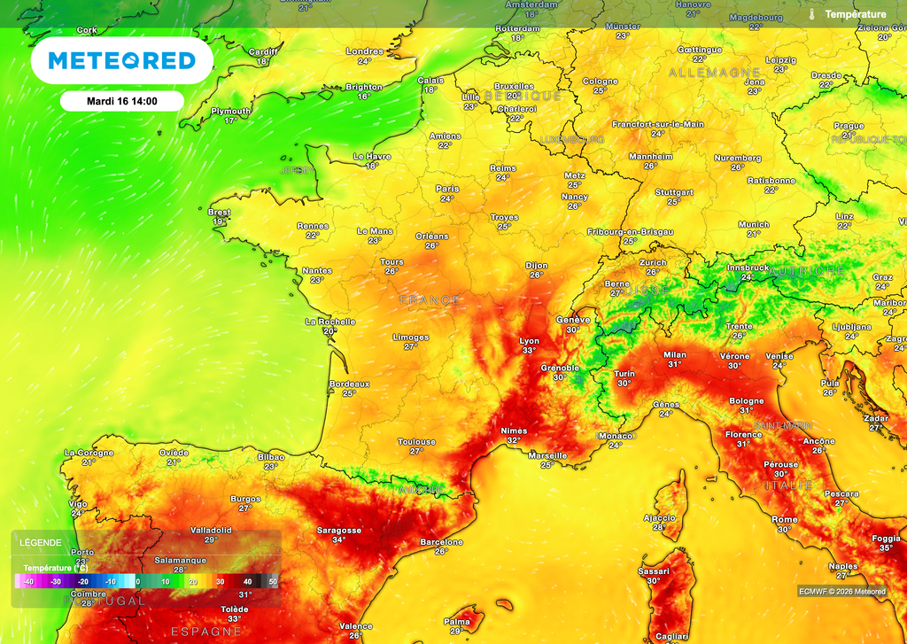 Chaleur modérée sur le nord (plus frais vers les côtes du nord-ouest). Fortes chaleurs en Vallée du Rhône et sur le pourtour méditerranéen.