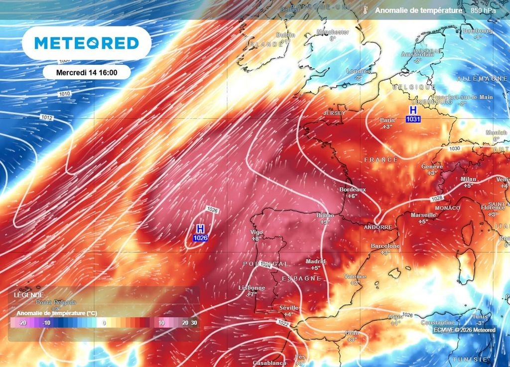 Anomalies de températures La masse d'air va nettement se radoucir dans les prochains jours sur la France avec la bascule du flux au sud-ouest en altitude