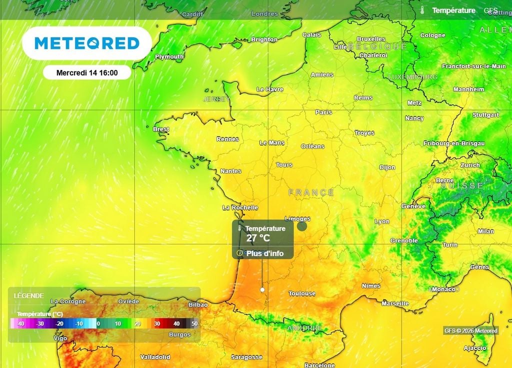 Chaleur mercredi C'est sur le sud du pays que le ressenti se montrera le plus chaud ce mercredi après-midi, notamment entre le sud-ouest et l'arrière-pays méditerranéen
