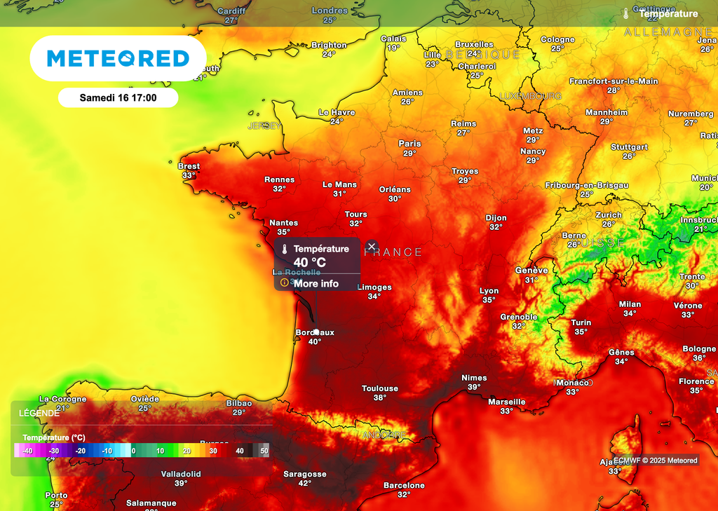 40°C dans le sud-ouest samedi 16 août. 40°C dans le sud-ouest samedi 16 août.
