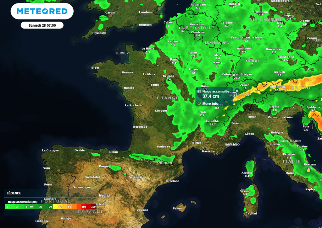 Les quantités de neige attendues seront parfois importantes sur le nord des Alpes.