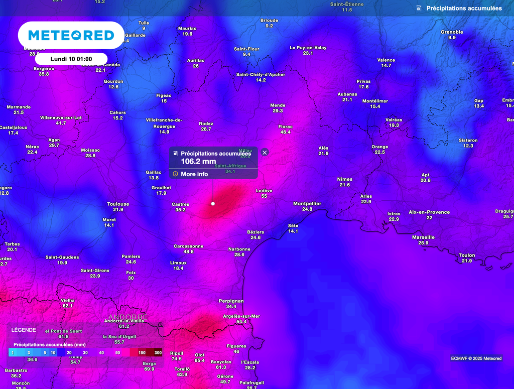 Les mailles larges indiquent plus de 100mm sur les Cévennes alors que les modèles à mailles fines indiquent plus de 200mm localement.