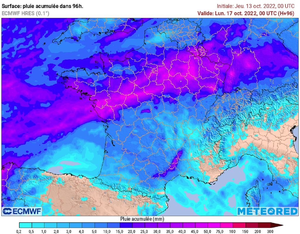C'est entre les Pays-de-la-Loire et le Grand où les cumuls de pluie seront les plus conséquents (modèle ECMWF via tameteo). C'est entre les Pays-de-la-Loire et le Grand où les cumuls de pluie seront les plus conséquents (modèle ECMWF via tameteo).
