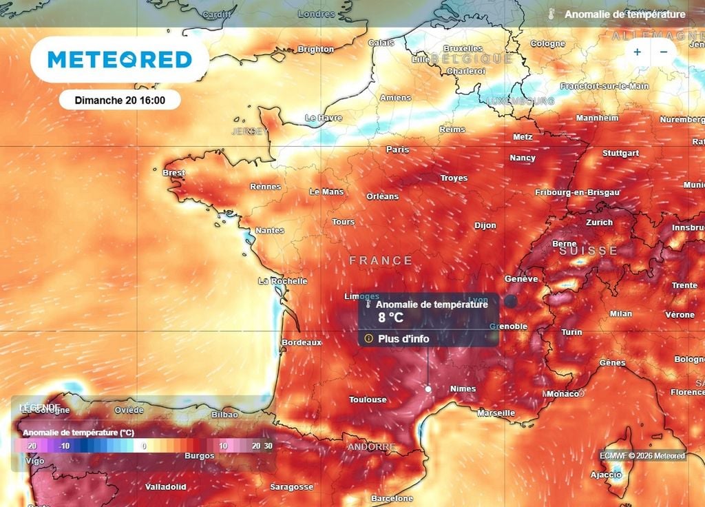 Anomalies de températures Les températures seront situées en général 3 à 8°C au-dessus des normales de la période cet après-midi sur la France, excepté sur le nord