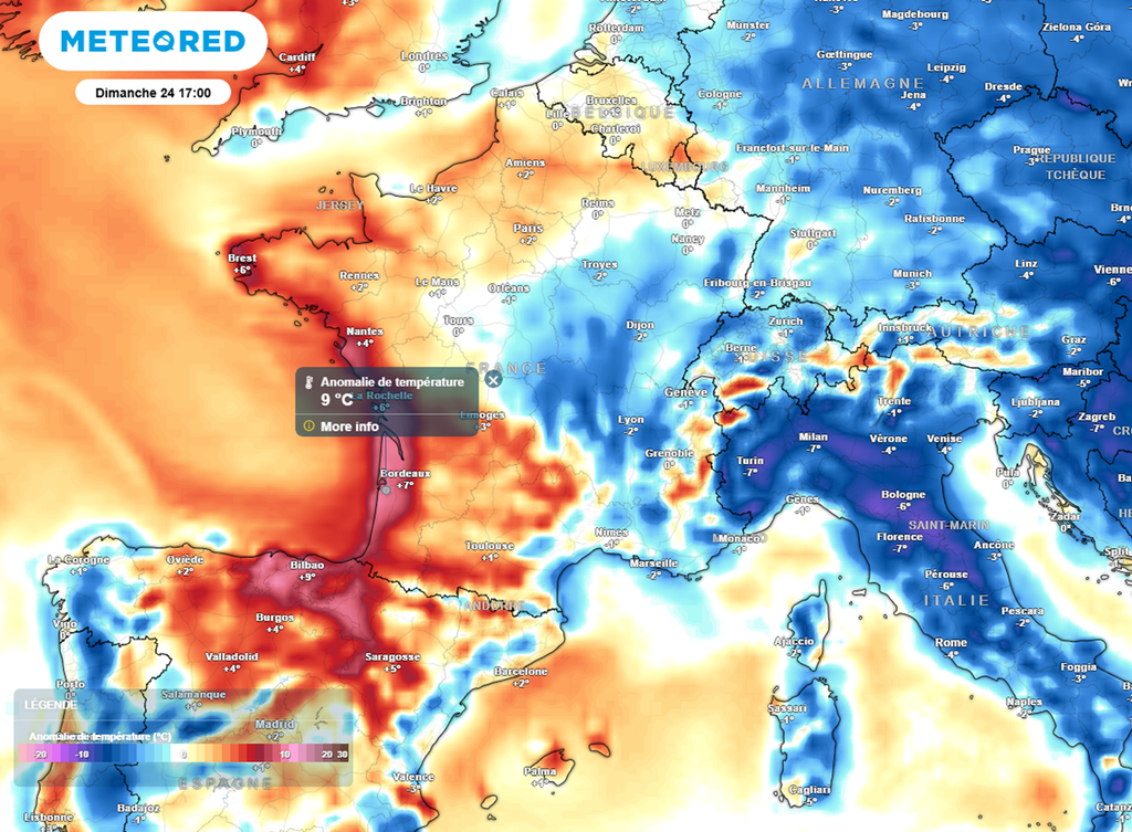 Dimanche, c'est dans l'ouest où les valeurs seront les plus élevées en étant situées parfois près de 10°C au-dessus des normales.