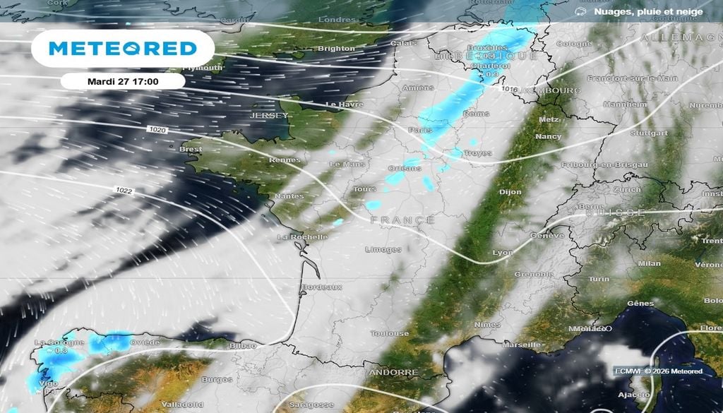 Un front très atténué parviendra à circuler sur la France entre mardi et mercredi, donnant des pluies généralement faibles, surtout sur la moitié nord