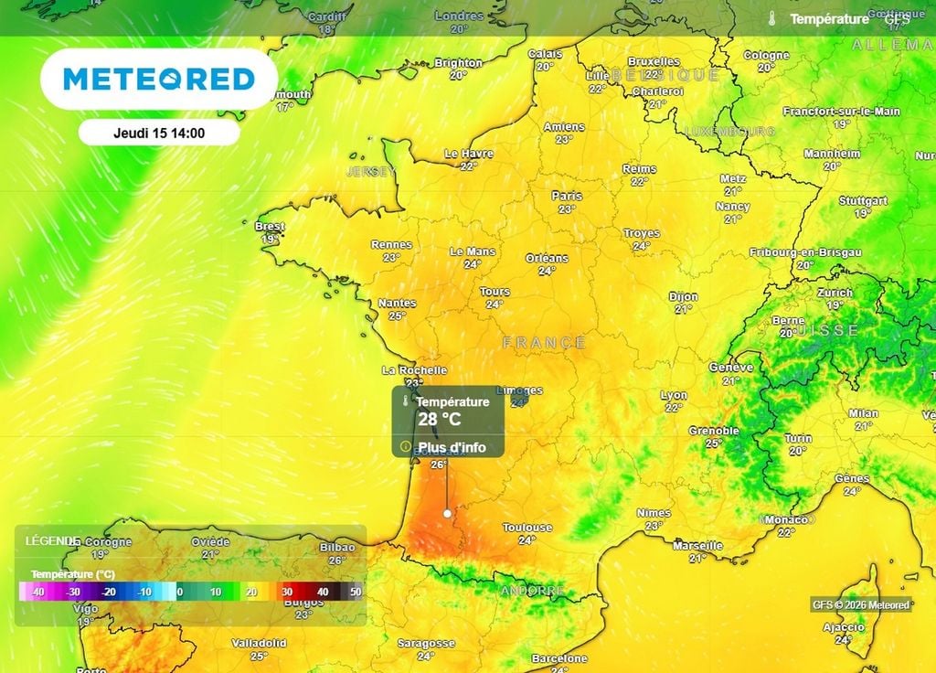 Maximales jeudi La journée de jeudi pourrait se montrer très douce sur une large partie de la France et même chaude sur le sud-ouest du pays