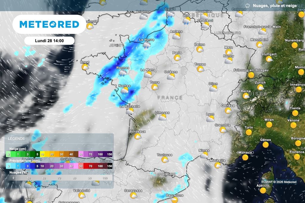 Météo pluvieuse dans le nord-ouest de la France cet après-midi.