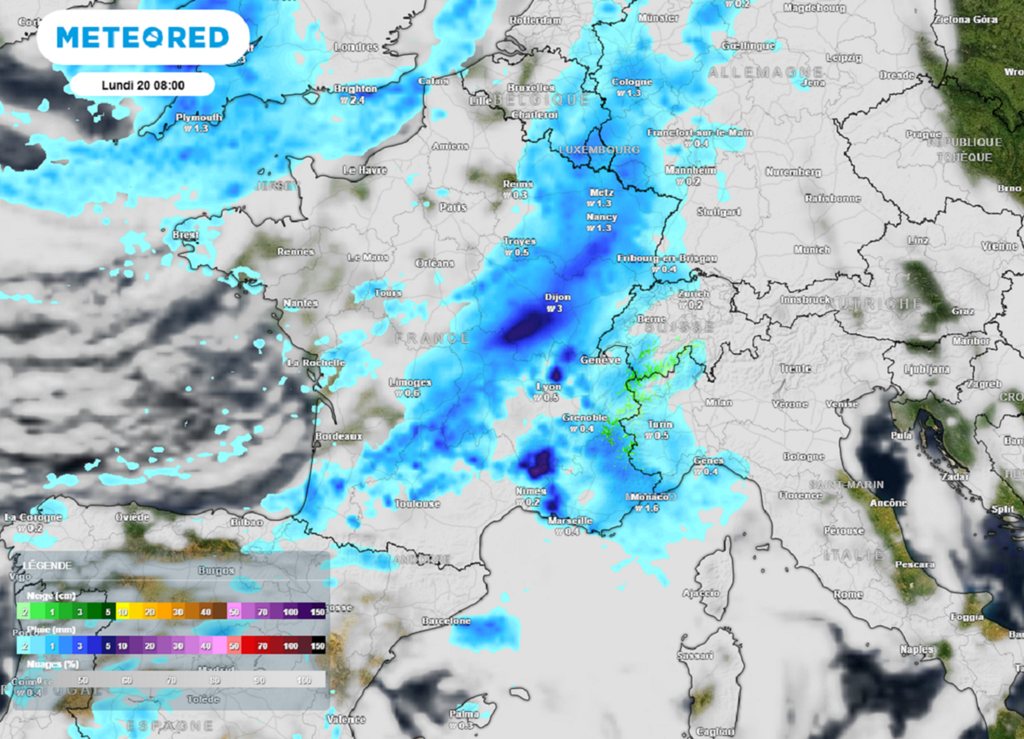 La journée de lundi sera marquée par le passage de la première perturbation de la série avec des pluies soutenues.