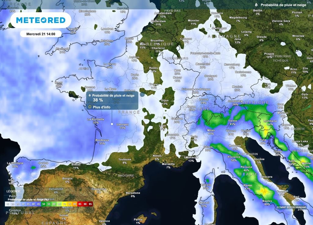 Probabilité de pluie mercredi 21 octobre France Mercredi 21 octobre, alors que la perturbation issue de la goutte froide quittera le pays par l'Est, une nouvelle arrivera par l'Ouest.