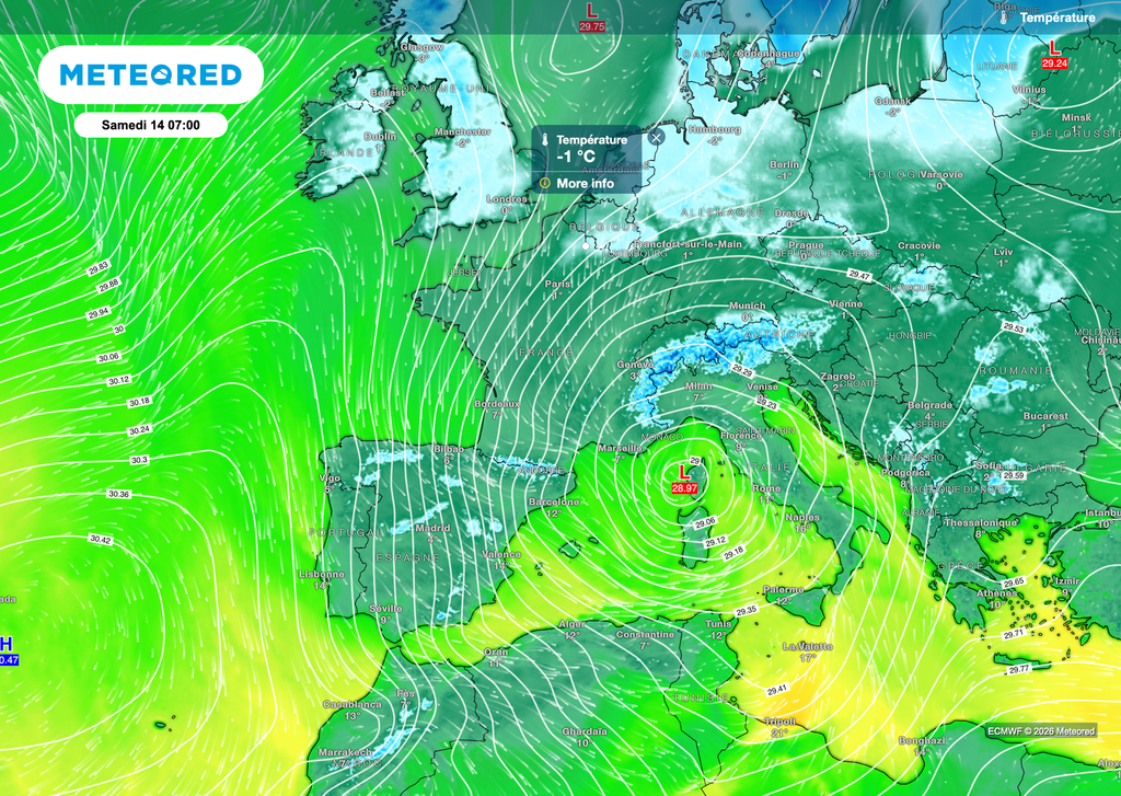 Changement bien net du flux, permettant une chute des températures.