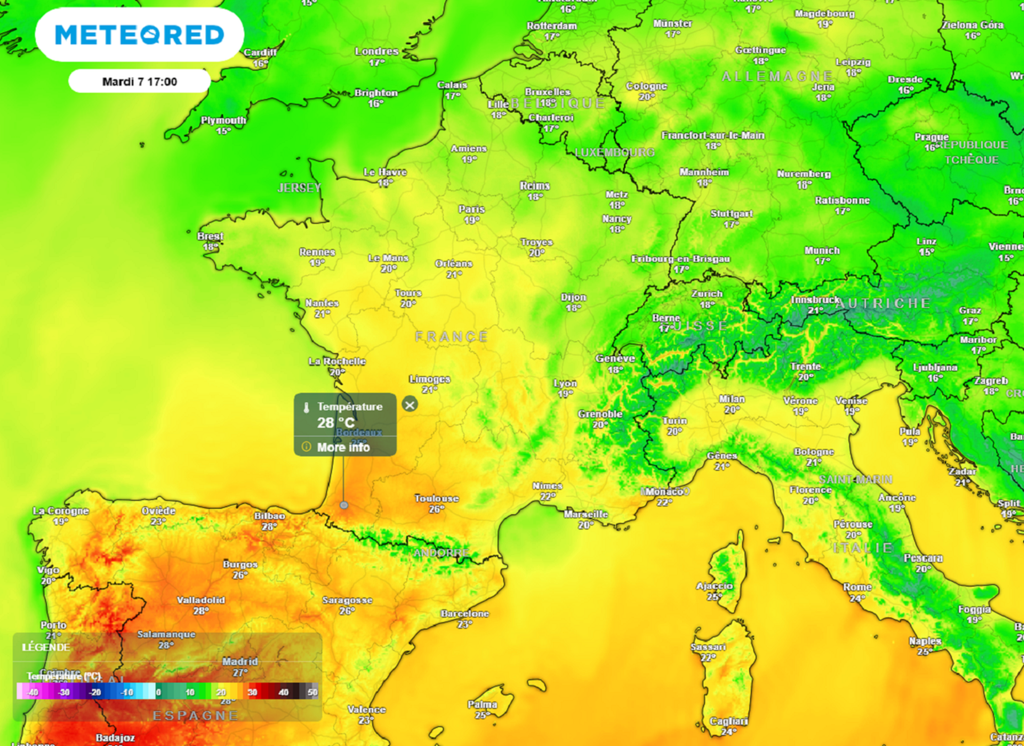 Mardi après-midi, des valeurs estivales sont attendues dans le sud-ouest avec des pointes à 27-28°C à l'ombre. Mardi après-midi, des valeurs estivales sont attendues dans le sud-ouest avec des pointes à 27-28°C à l'ombre.