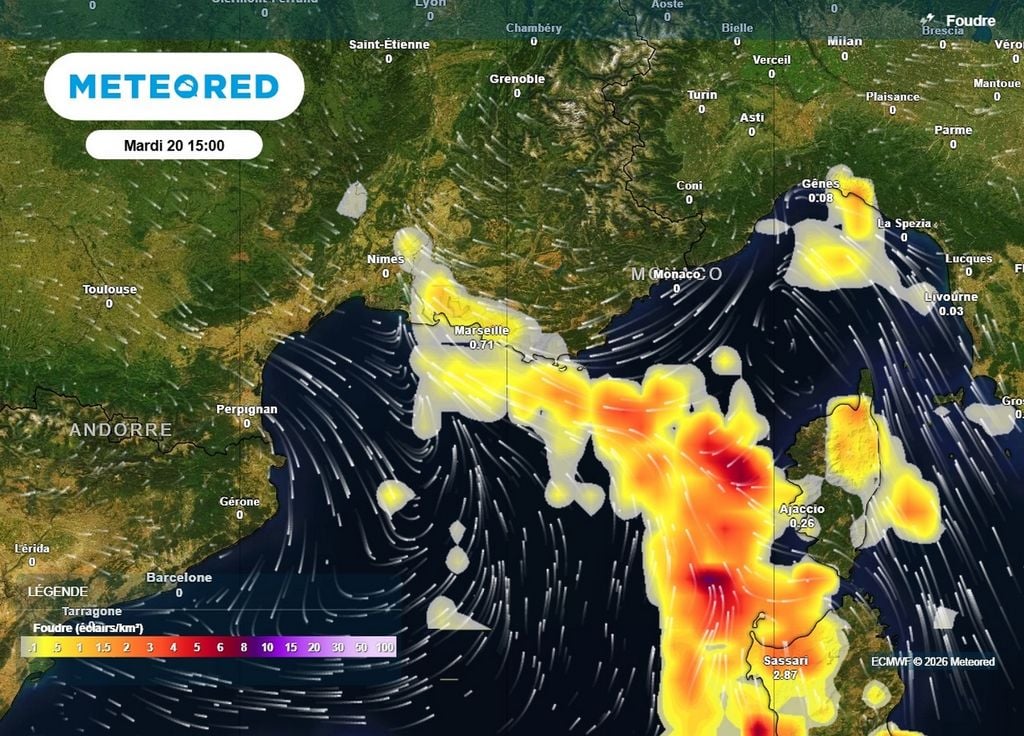 Risque d'orages Le risque d'orages forts et très pluvieux se décale peu à peu vers l'est dans les prochaines heures, concernant la région PACA et la Corse en seconde partie de journée