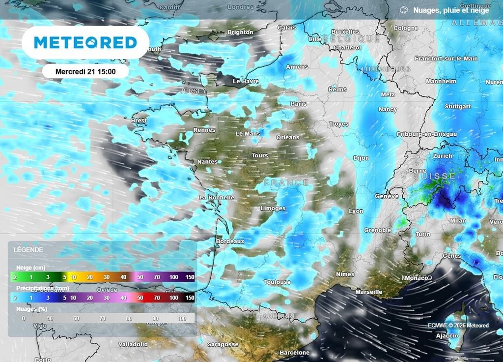 Pluie mercredi Un front pluvieux traverse le pays d'ouest en est ce mercredi, suivi d'un ciel de traîne porteur d'averses