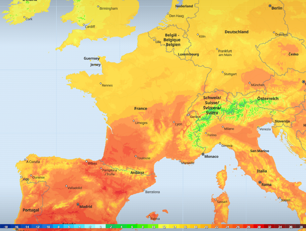 Dès dimanche, les maximales s'approcheront des 28°C dans le sud-ouest du pays (modèle ECMWF via tameteo). Dès dimanche, les maximales s'approcheront des 28°C dans le sud-ouest du pays (modèle ECMWF via tameteo).