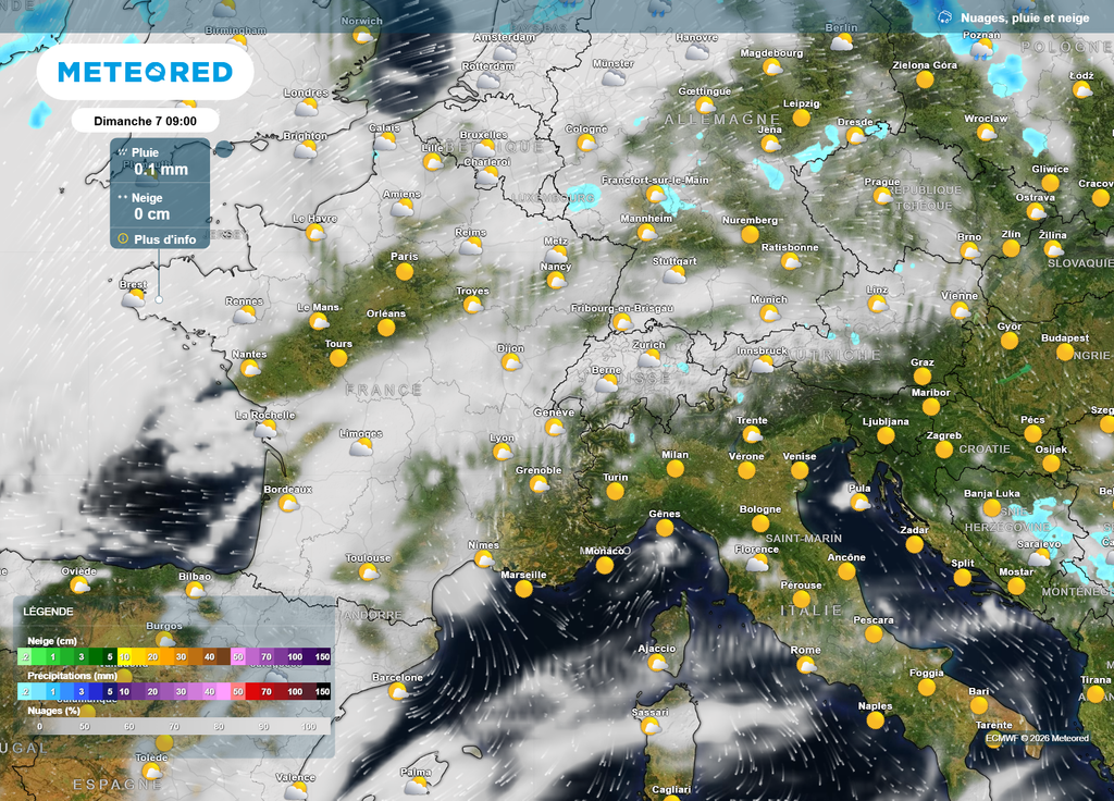 Dimanche matin, un temps calme mais encore parfois nuageux dominera sur une grande partie du pays, avec de rares averses sur le tiers Nord.