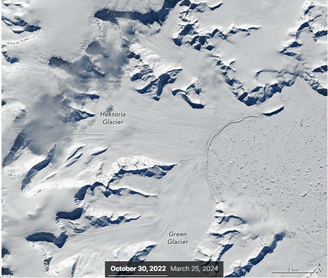 La rápida pérdida de hielo terrestre del glaciar Hektoria es visible en estas imágenes adquiridas en octubre de 2022 (izquierda) y marzo de 2024 (derecha) con el sensor OLI (Operational Land Imager) del satélite Landsat 8. El glaciar retrocedió 8 kilómetros entre noviembre y diciembre de 2022, tras haber perdido a principios de ese mismo año una sección de hielo flotante de 16 kilómetros de longitud. NASA