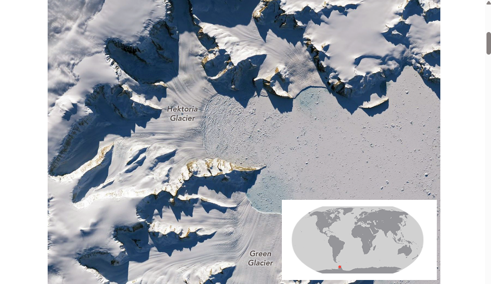Imagen en color natural del glaciar Hektoria a fecha de 25 de marzo de 2024 tras un retroceso histórico. Ver texto para detalles. NASA