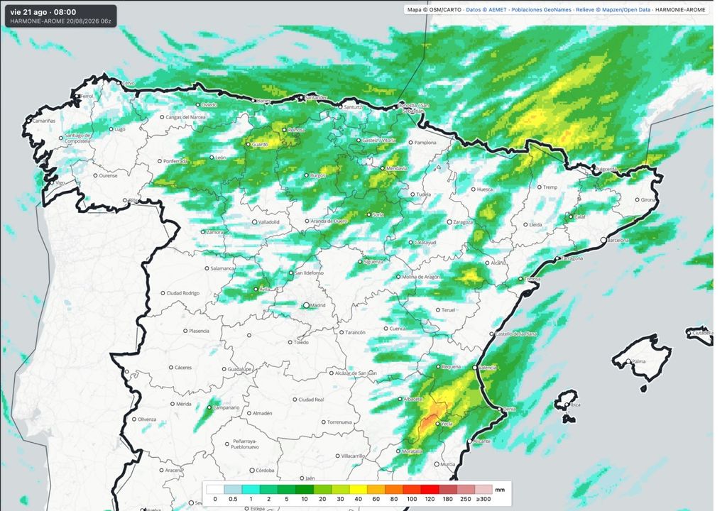 Acumulados de precipitación previstos en las próximas horas por el modelo Harmonie-Arome. Fuente: Harmonie.es