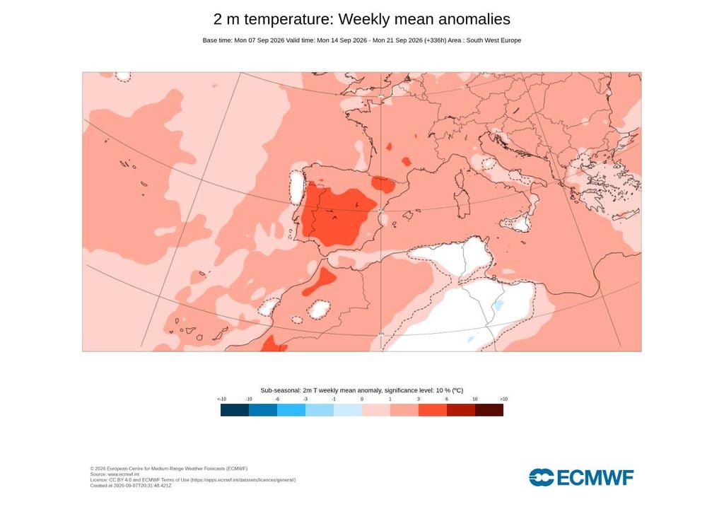 A representação gráfica da anomalia da temperatura é agora dominada pela cor vermelha ou vermelho-escuro, revelador de temperaturas significativamente acima da média em Portugal em boa parte da segunda quinzena de setembro.