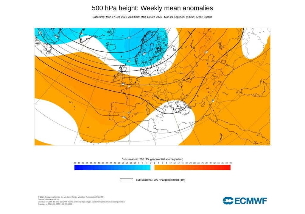 Anomalias de geopotencial a 500 hPa positivas em grande parte da Europa, incluindo Portugal, estando as negativas mais restritas ao extremo norte do continente europeu.