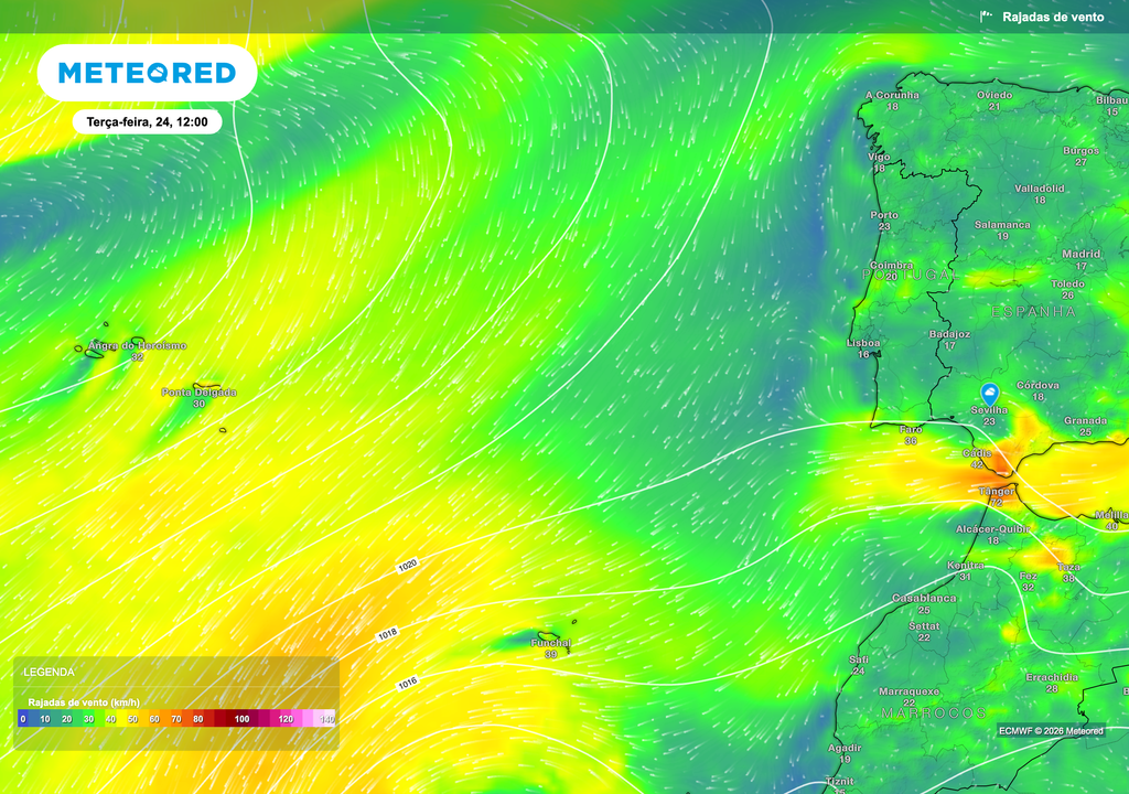 Mapa de rajadas de vento para 24 de março às 12h evidencia o predomínio de um fluxo de oeste sobre a Península Ibérica, associado a uma circulação atlântica mais zonal. Este padrão favorece a passagem rápida de sistemas frontais e contribui para uma distribuição irregular da precipitação, sem episódios persistentes.