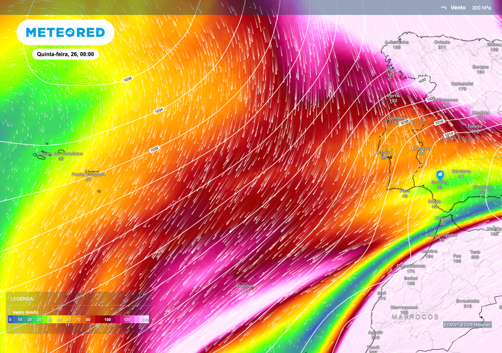 A corrente de jato (jet stream), uma faixa de ventos muito fortes em altitude, encontra-se posicionada nas proximidades da Península Ibérica, com o seu núcleo mais intenso localizado a sul/sudoeste. Esta configuração favorece a passagem rápida das perturbações e contribui para uma precipitação irregular e pouco persistente em Portugal.