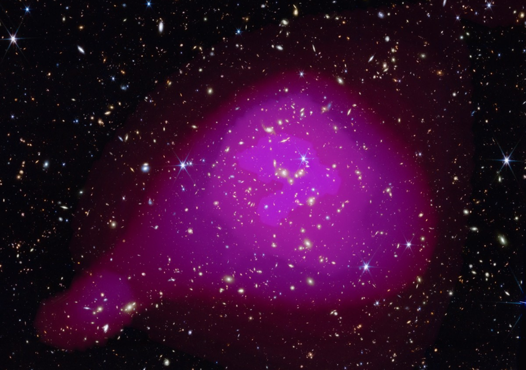 Farbkompositbild der massivsten Gruppe im COSMOS-Web-Feld. Das JWST-Bild ist mit der erweiterten Röntgenemission (rosa) überlagert.