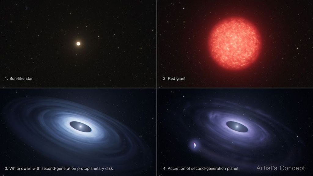 evoluzione stella solare Lo scenario proposto per HS 0209+0832: una stella simile al Sole evolve in gigante rossa, espelle i propri strati esterni e lascia una nana bianca. Parte del materiale espulso forma un nuovo disco dal quale può nascere un pianeta di seconda generazione. Credit: NASA, ESA, Leah Hustak (STScI).