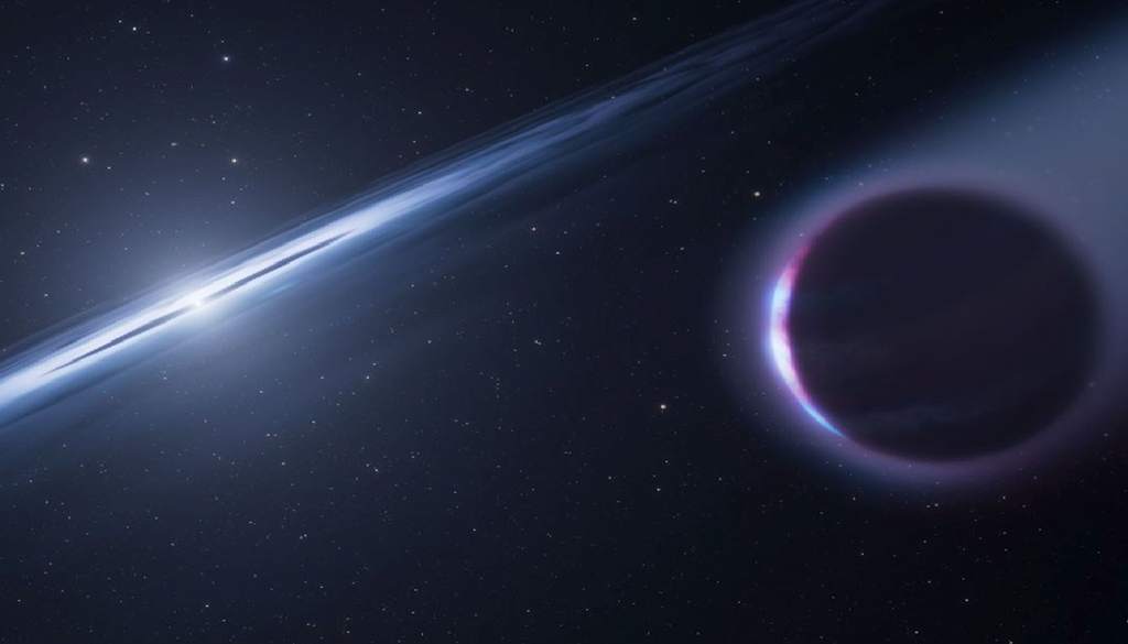 esopianeta Rappresentazione artistica del sistema HS 0209+0832. Il possibile pianeta gigante orbita molto vicino alla calda nana bianca e perde parte della propria atmosfera; il materiale espulso può successivamente ricadere sulla stella. Credit: NASA, ESA, Leah Hustak (STScI).