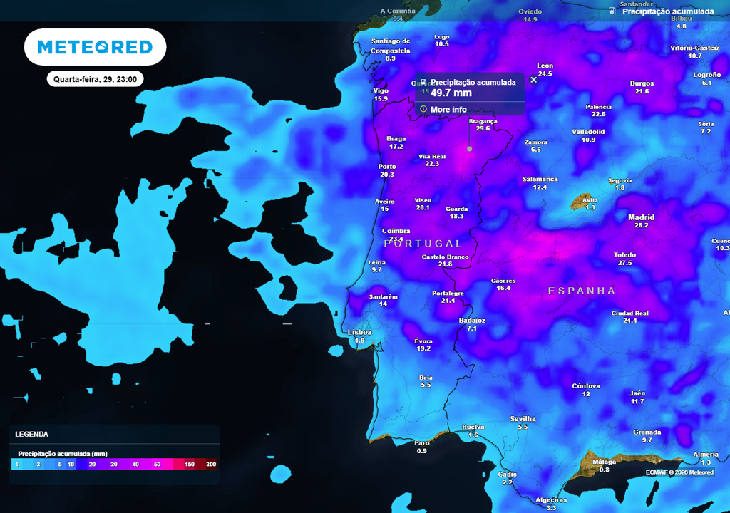 Regiões a norte do rio Tejo terão propensão a registar os valores mais elevados de precipitação acumulada, evidenciando-se a faixa do território desde Mirandela (distrito de Bragança) até Vila Nova de Foz Côa (distrito da Guarda).