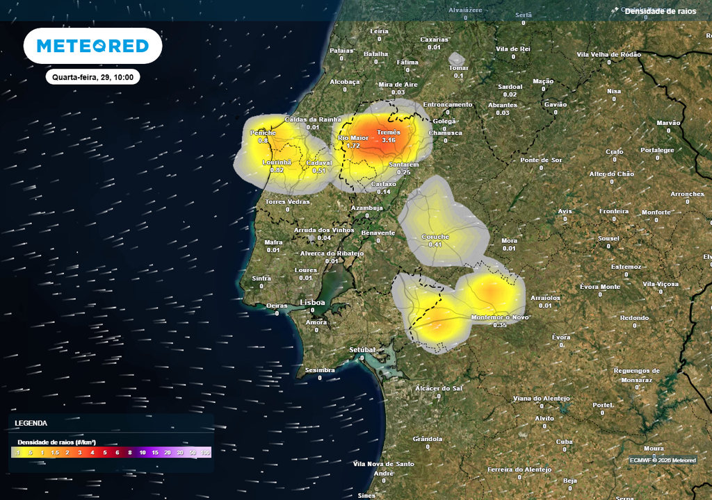 Algumas das localidades mais expostas às nuvens de desenvolvimento vertical na quarta-feira, 29 de abril. Mapa de previsão de densidade de raios para as 10:00 da manhã.