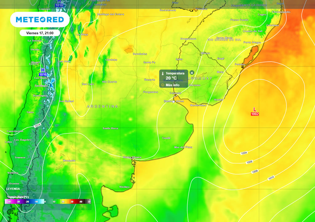 Temperatura estimada para las 21 h del viernes 17 de abril del 2026, en la Ciudad de Buenos Aires, bajo condiciones atmosféricas muy estales. Modelo: ECMWF