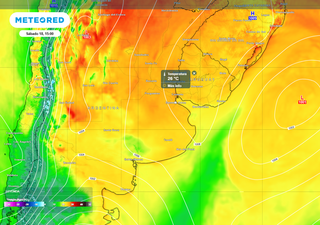 Temperatira máxima estimada para el sábado 18 de abril del 2026. Modelo: ECMWF.