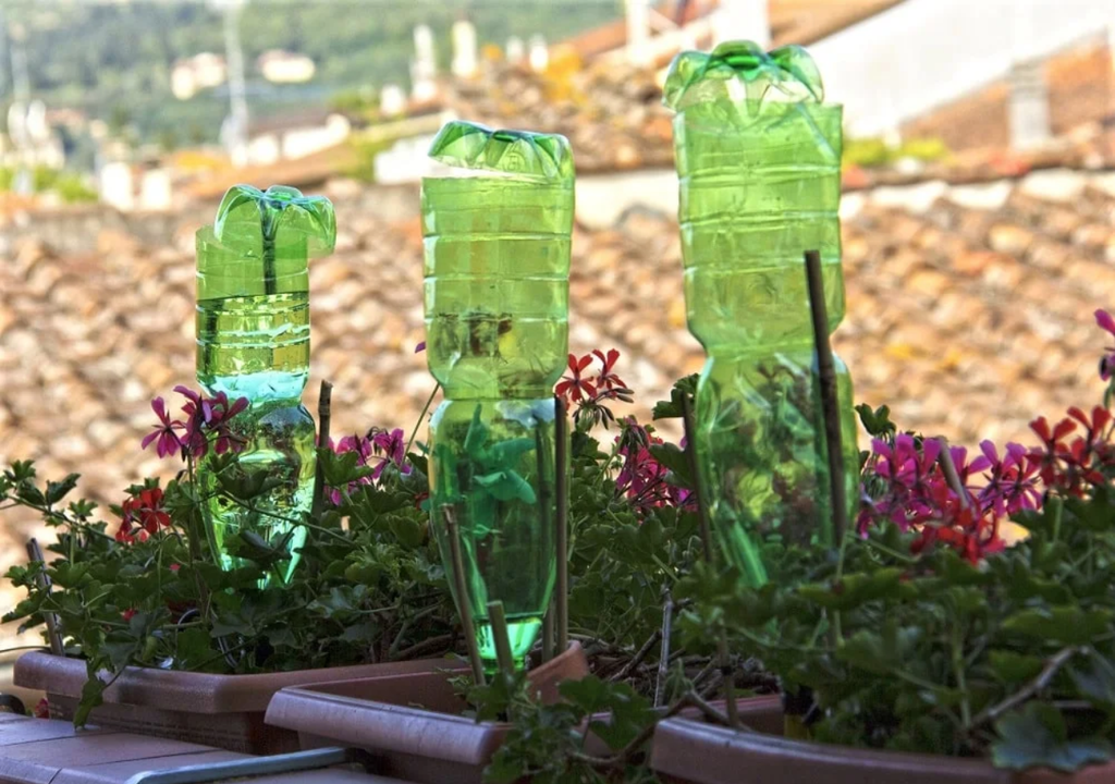 Botellas invertidas enterradas en maceteros permiten un riego lento y progresivo, ideal para balcones y terrazas, ayudando a mantener la humedad del sustrato durante días de calor o ausencia.