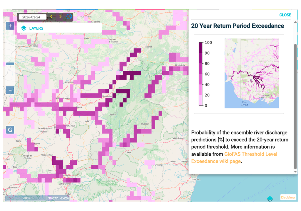 GloFAS anticipa una probabilidad muy alta de crecidas con períodos de retorno de 20 años en el Guadalquivir y varios de sus afluentes.