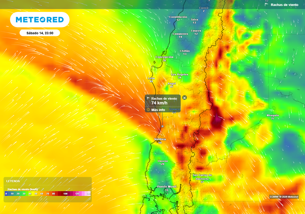 Rachas de viento (km/h) para la noche del sábado 14 de marzo 2026 en Chile centro-sur.