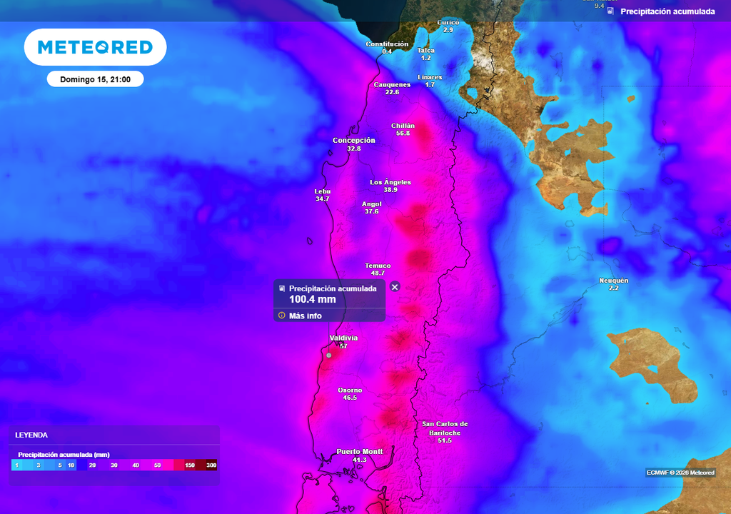 Precipitación acumulada (mm) hasta la noche del domingo 15 de marzo 2026 en Chile centro-sur.