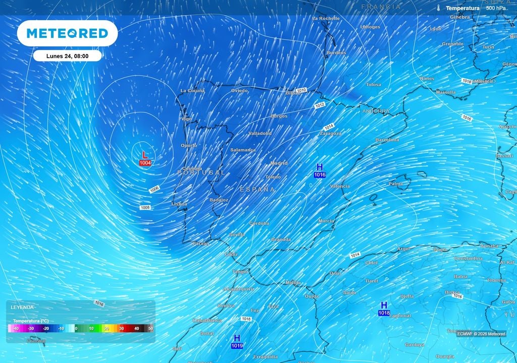 Temperatura a 500mb (5500 m de altura). La borrasca lleva aire frío y una masa de origen polar.