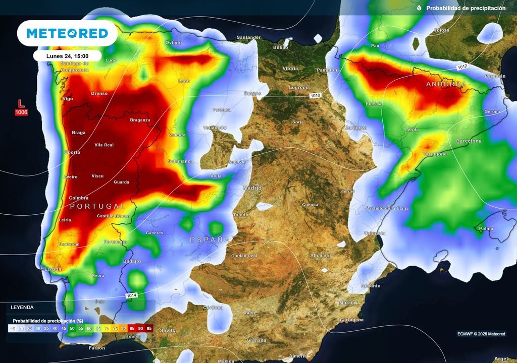 El mitad oeste y el noroeste peninsular en el foco de atención de las precipitaciones.