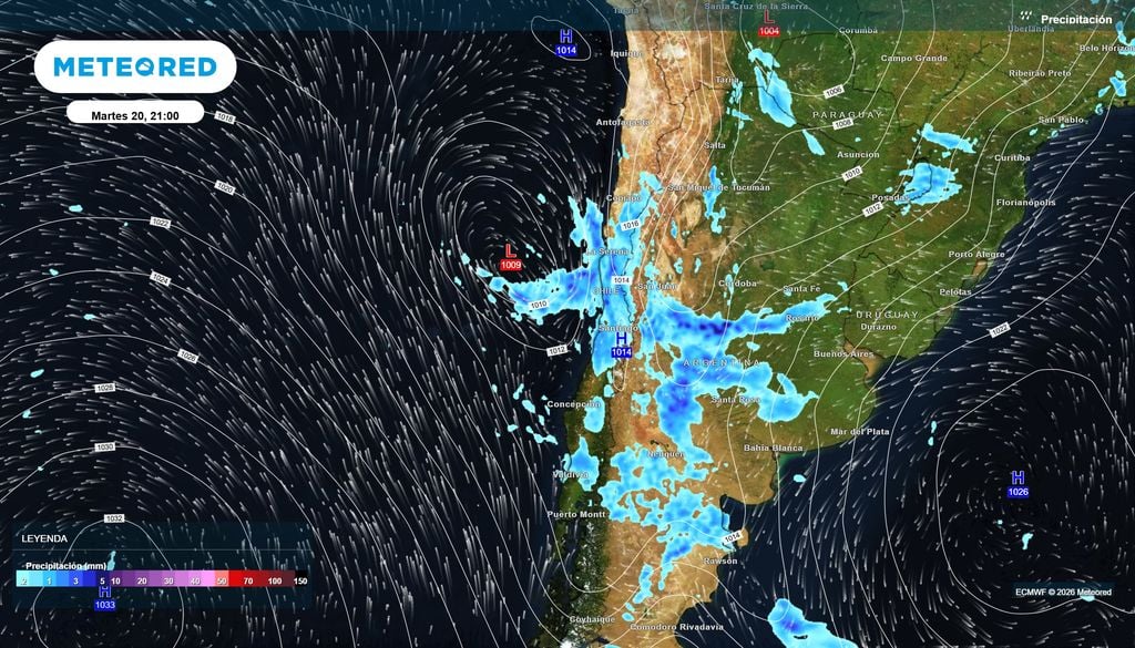 El modelo proyecta un centro de baja presión frente a Chile central para el martes 20 de octubre, asociado a precipitaciones que se extenderían desde Coquimbo hasta el sur del país, con mayor intensidad en algunos sectores.