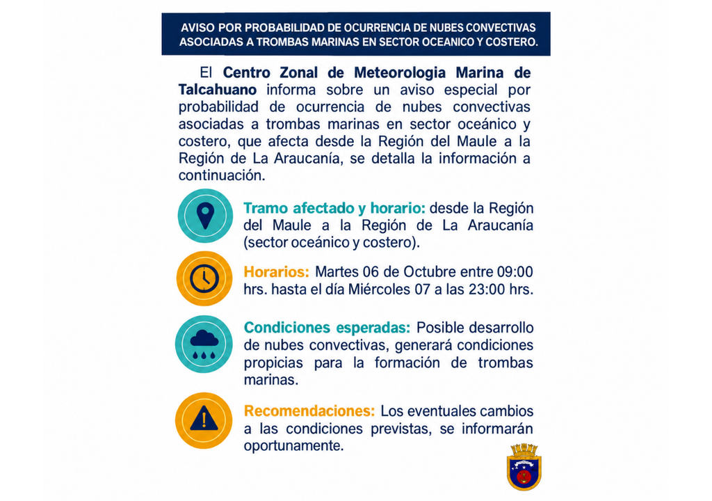 Aviso por probabilidad de nubes convectivas asociadas a trombas marinas entre las regiones del Maule y La Araucanía. Fuente: SERVIMET Talcahuano.